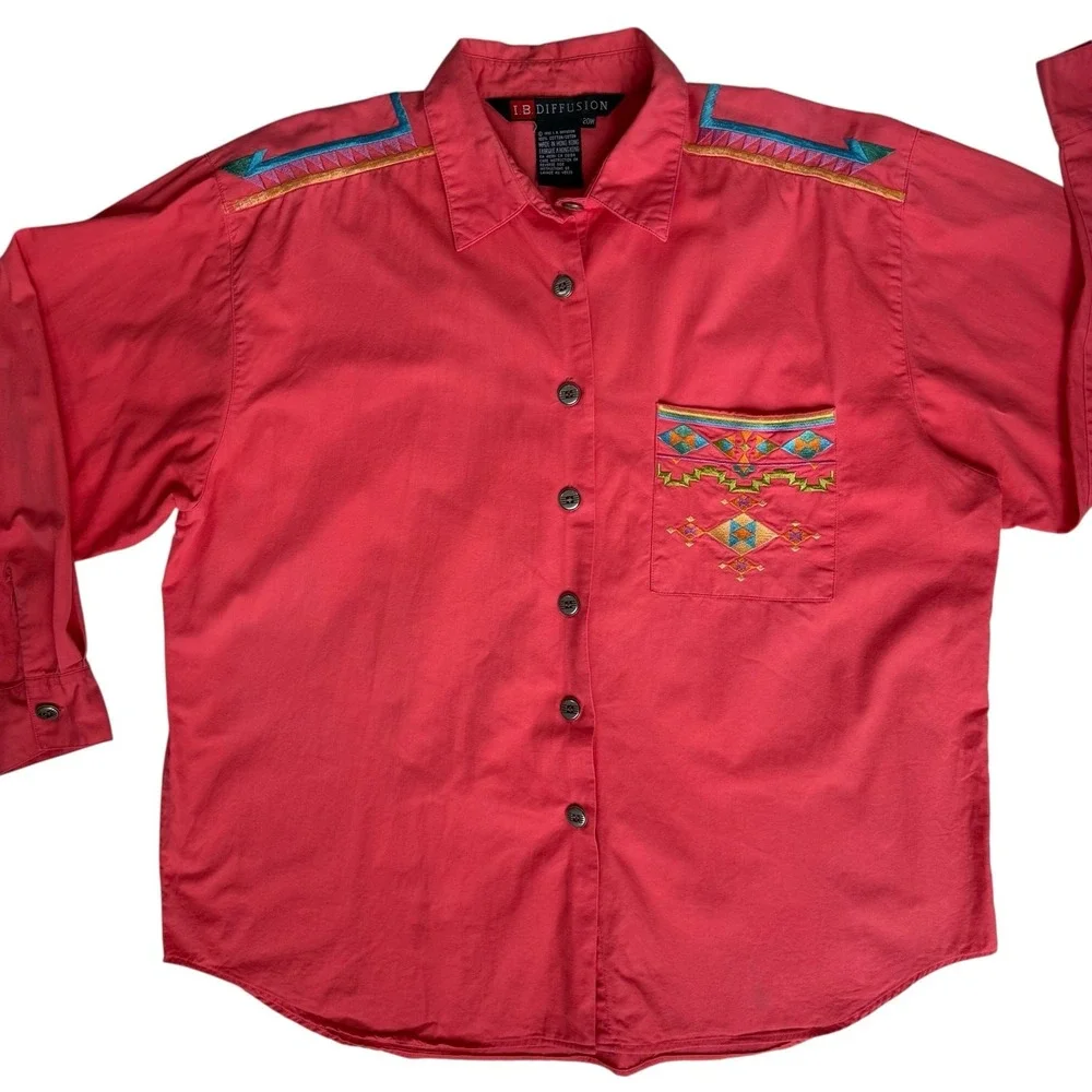 Vtg IB Diffusion Womens Western Shirt Plus 22W Coral Colorful Embroidery Cowgirl